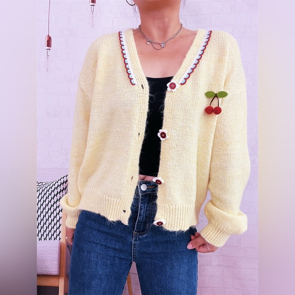 Cherry Button-Front Long Sleeve Cardigan - Picture 8 of 10